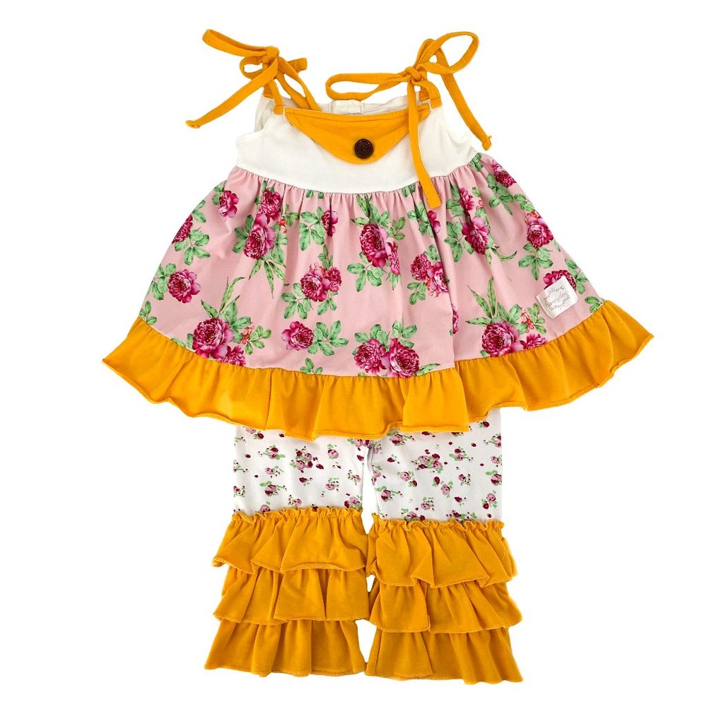 HONEYDEW Pink Yellow Floral Top and Ruffle Pants Set